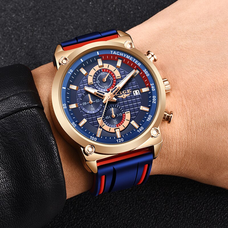 Relojes LIGE para Hombre, Reloj de pulsera deportivo de lujo con fecha automática, Reloj de cuarzo para Hombre, correa de silicona, Reloj resistente al agua para Hombre