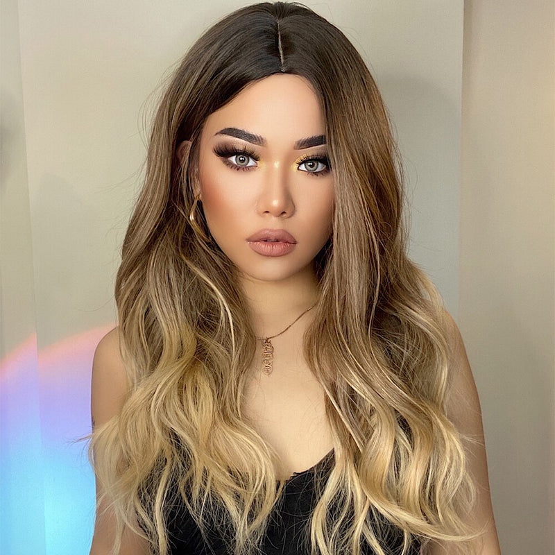 Long Synthetic Brown Blonde Water Wavy Gloden Highlight Wigs Middle Part Heat Resistant Cosplay Natural Hair for Black Women