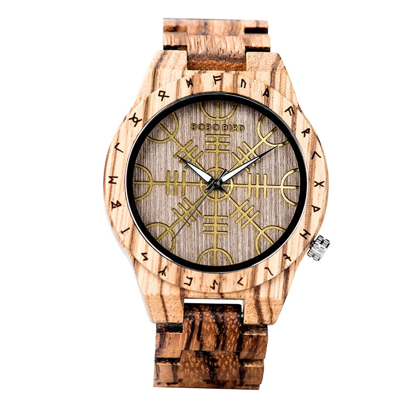 Handmade BOBO BIRD Wooden Watches Man Women Runic Circle Watch with Golden Helm of Awe Vegvisir Quartz Wristwatch Male