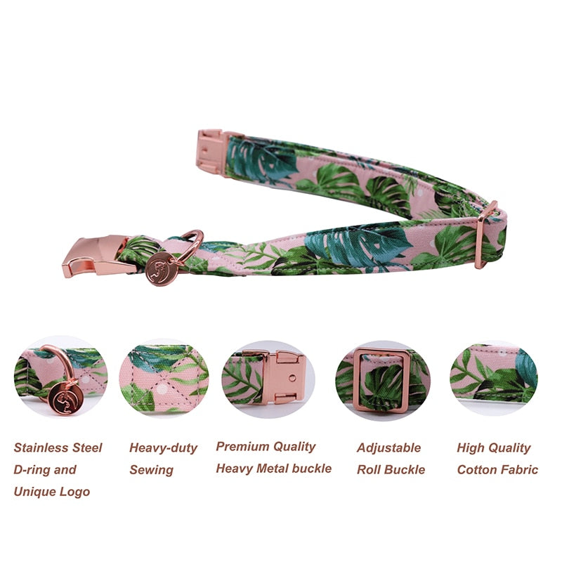 Green Leaf Hundehalsband und Leine Set mit Fliege Personalisiertes, anpassbares Hundewelpen-Geburtstagsgeschenk aus 100 % Baumwolle