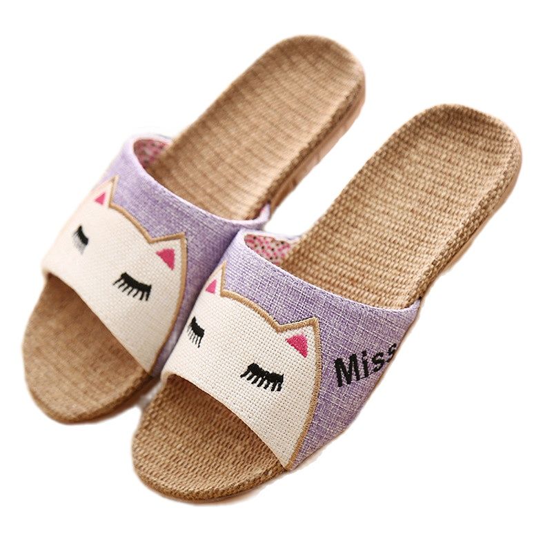 Suihyung Flax Slippers Women Summer Beach Shoes Cute Cat Flip Flops Breathable Slides Girls Indoor Linen Slippers Female Sandals