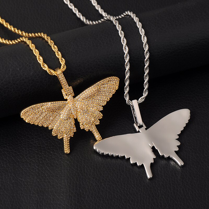 D&Z New Full Iced Out Butterfly Wings Pendant Necklace Solid Back Pendant Gold Silver Color Hip Hop Charm Chain Jewelry