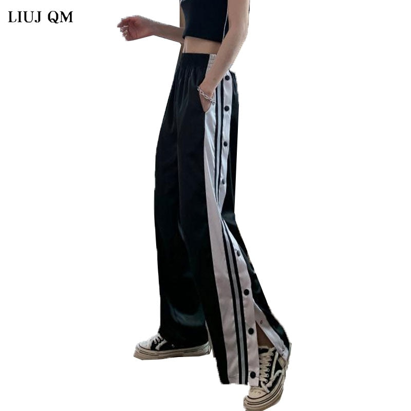 2022 Frauen Jogger Jogginghose Lässige Hose mit weitem Bein Frauen Streifen Hip Hop Trainingshose Streetwear Frauen Knopfhose Vintage