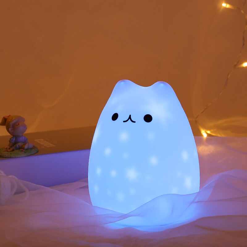 LED Night Light Star Projector Lamp Cat USB Rechargeable Silicone Cartoon Baby Children Nursery Lamps Boy Girl Gift Bedroom Deco