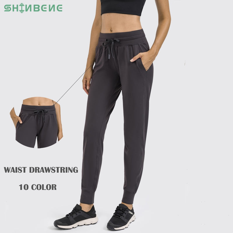 SHINBENE Naked Feel Fabric Workout Sport Joggers Pantalones Mujer Cintura Cordón Fitness Running Pantalones de chándal con dos bolsillos laterales