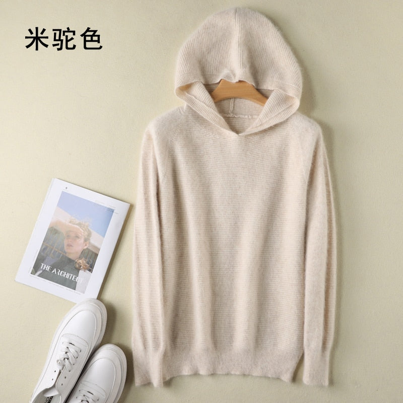2021 Spring Winter 100% Mink Cashmere Sweater Women Knitted Hooded Warm Lady's Grade Up Jumpers and Pullovers Soft Warm Tops