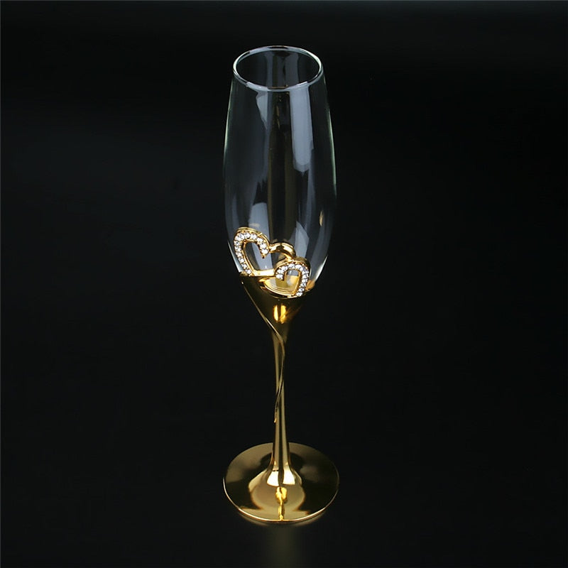 2Pcs/Set Wedding Crystal Champagne Glasses Gold Metal Stand Flutes Wine Glasses Goblet Party Lovers Valentine&