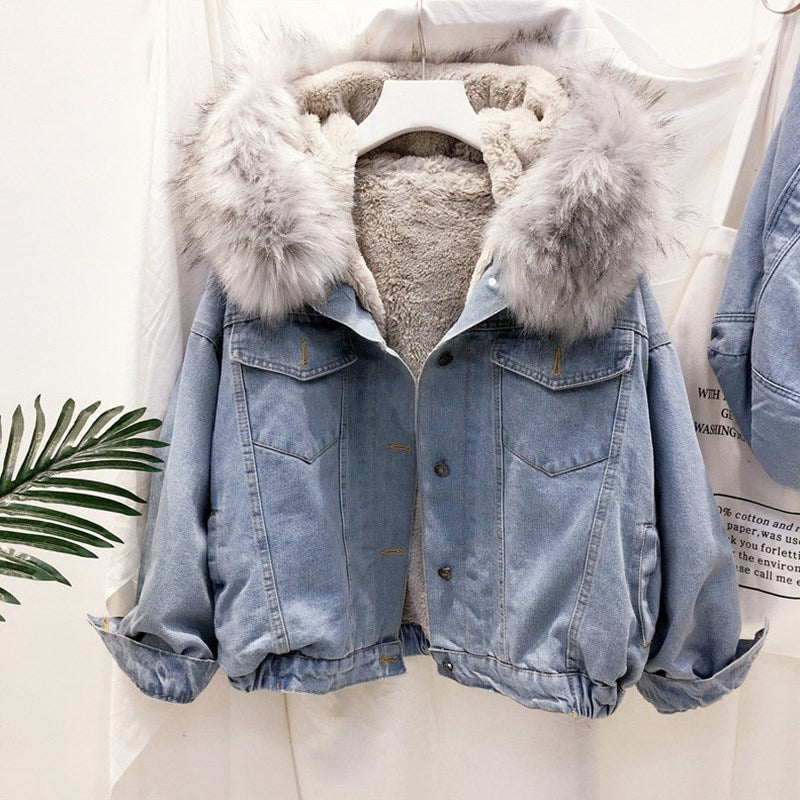 2019 velvet thick denim jacket female winter big faux fur collar Korea denim  coat female student short coat