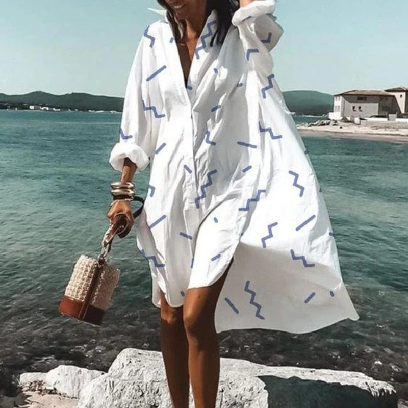 Vestidos de verano 2021 para mujer, vestido informal con estampado de cuello vuelto, camisa de manga larga, vestido holgado de gran tamaño para fiesta en la playa, bata, blusa