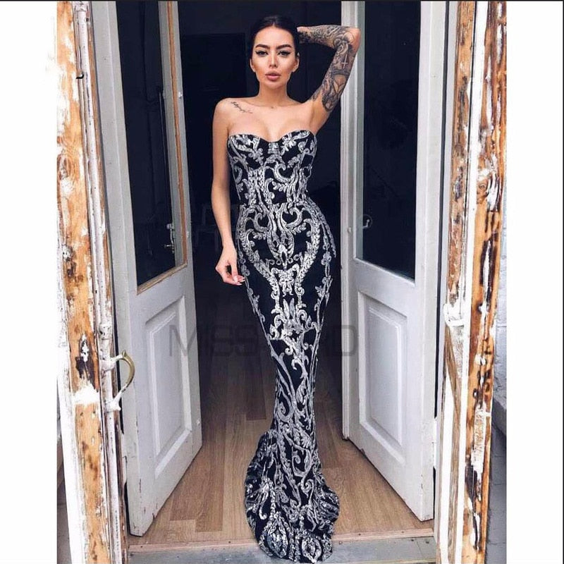 2021 Sexy Retro Geometry Strapless Stretch Sequin Dress Mermaid Floor Length Lining Bodycon Gold Backless Silver Party Dress
