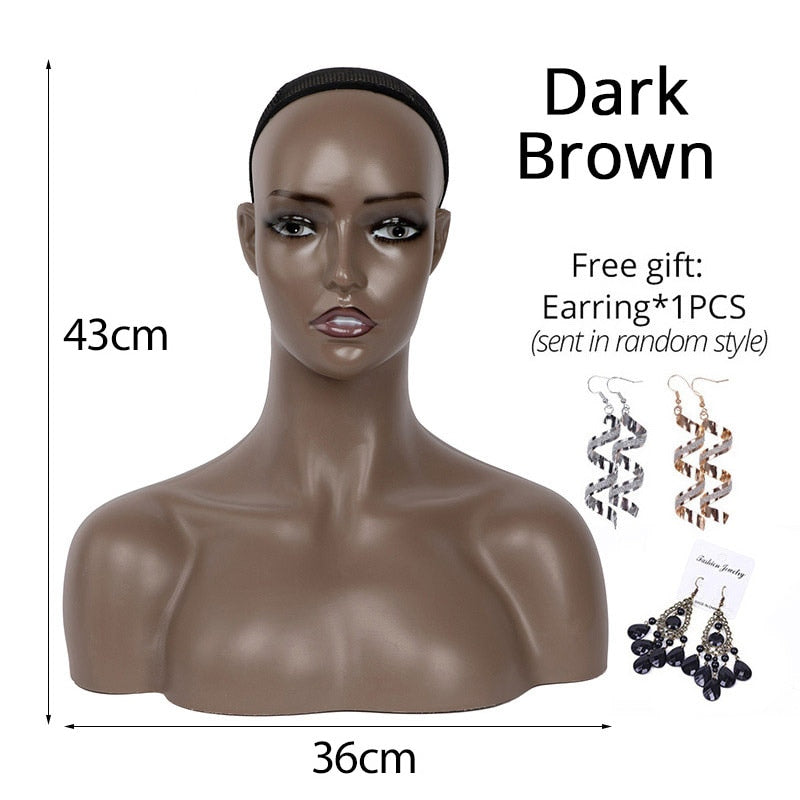 Weiblicher realistischer Schaufensterpuppenkopf mit Schultern afrikanischer Perücken-Display-Modell dunkelbraun beige Farben Puppenkopf für Hutbrille