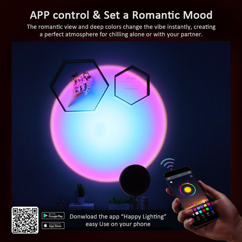 colorRGB, cambio de control de aplicación de teléfono, proyección de lámpara de puesta de sol, rotación de 180 grados, luz de arco iris de puesta de sol romántica