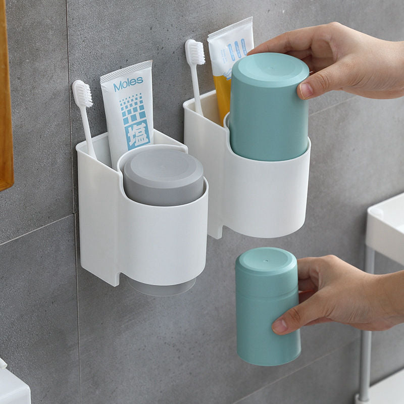 Toothbrush Holder Toothpaste Rack Mouthwash Cup  Strong Adsorption Hanging Storage Rack With Cup  Bathroom Accessory