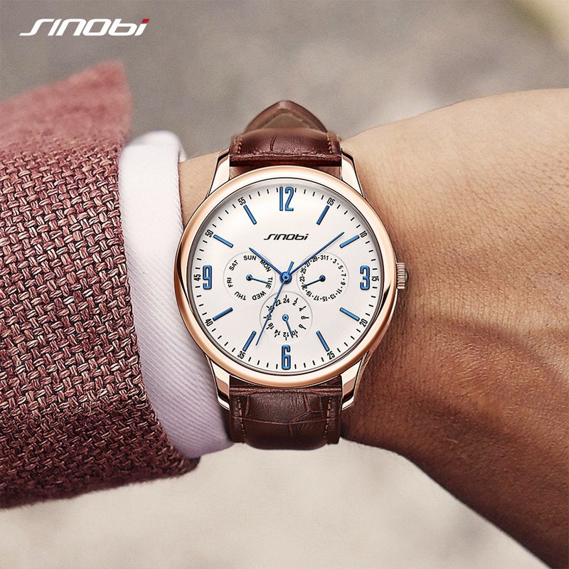 SINOBI 2021 Men's Wrist Watches Calendar Week Date Function Leather Strap Business Males Geneva Quartz Clock Relogio Masculino
