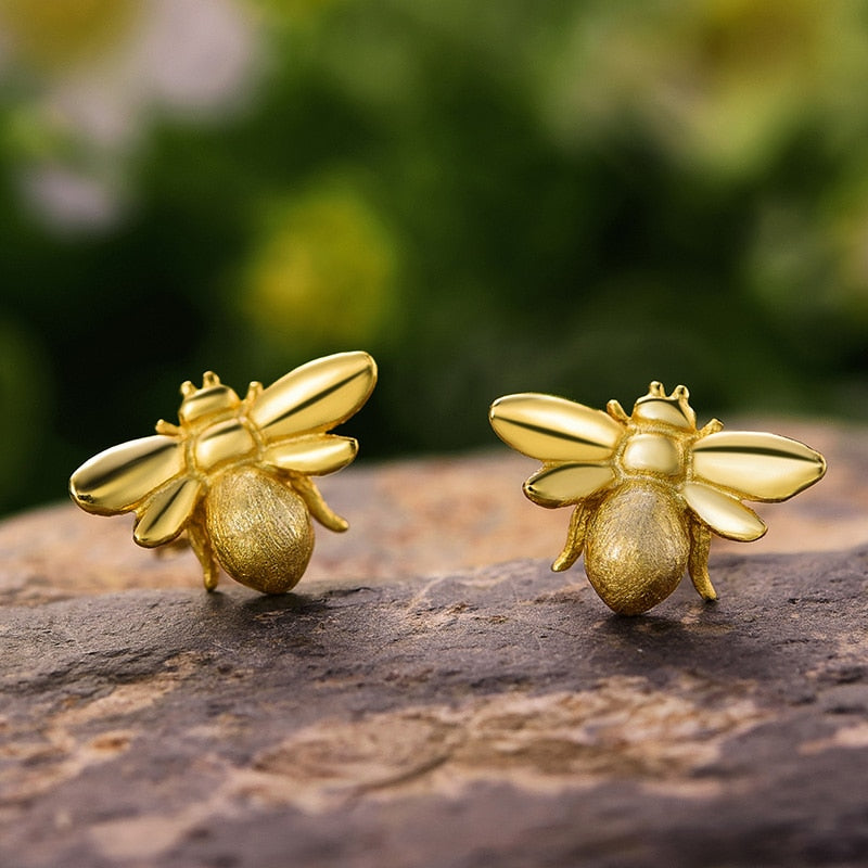 Lotus Fun Real 925 Sterling Silver Bee Earrings Natural Designer Fine Jewelry Cute 18K Gold Honeybee Stud Earrings for Women