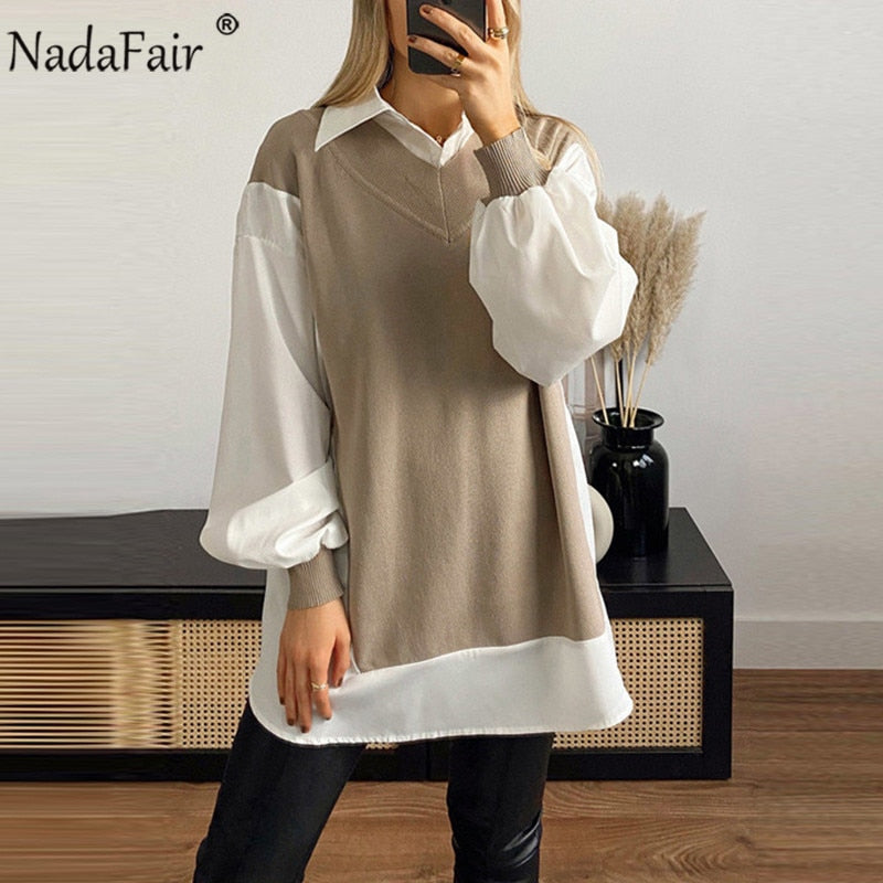 Nadafair 2021 Woman Dress Casual Patchwork Shirt Dress Spring Autumn Long Sleeve Loose Mini Dress Women Loungewear