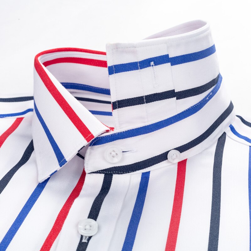 Camisa de vestir resistente a las arrugas a rayas de bloque de Color para hombre, camisas casuales de algodón puro de ajuste estándar con cuello de botones ocultos