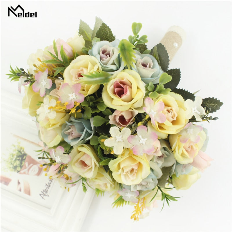 Meldel New Purple White Wedding Bouquet Handmade Artificial Flower Rose Buque Casamento Bridal Bouquet for Wedding Decorations