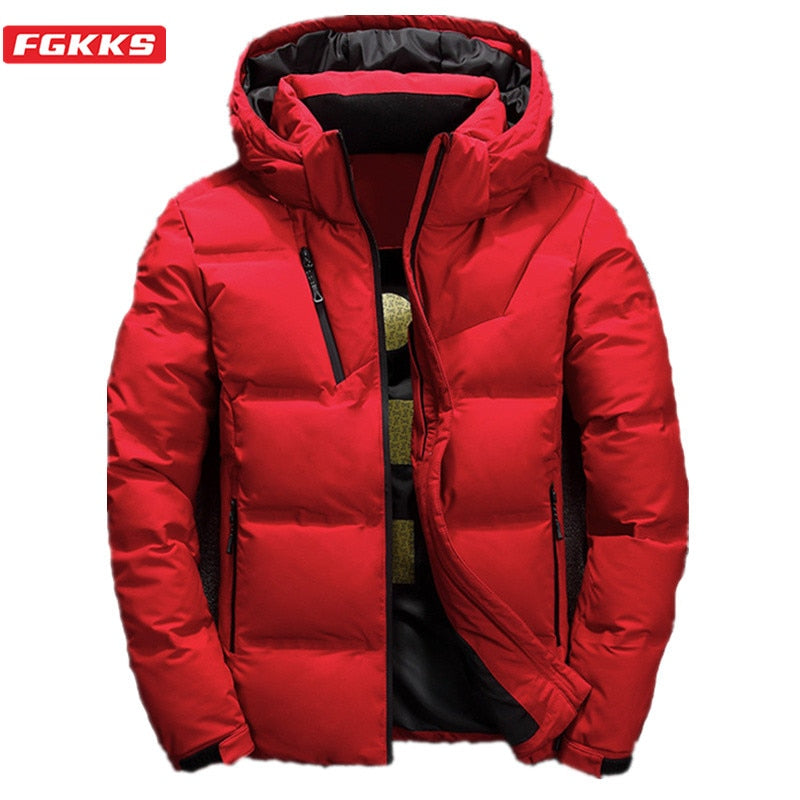 Marca de calidad FGKKS, chaqueta de plumón para hombre, abrigos con capucha de Color sólido cálidos y gruesos delgados, chaquetas de plumón informales a la moda para hombre