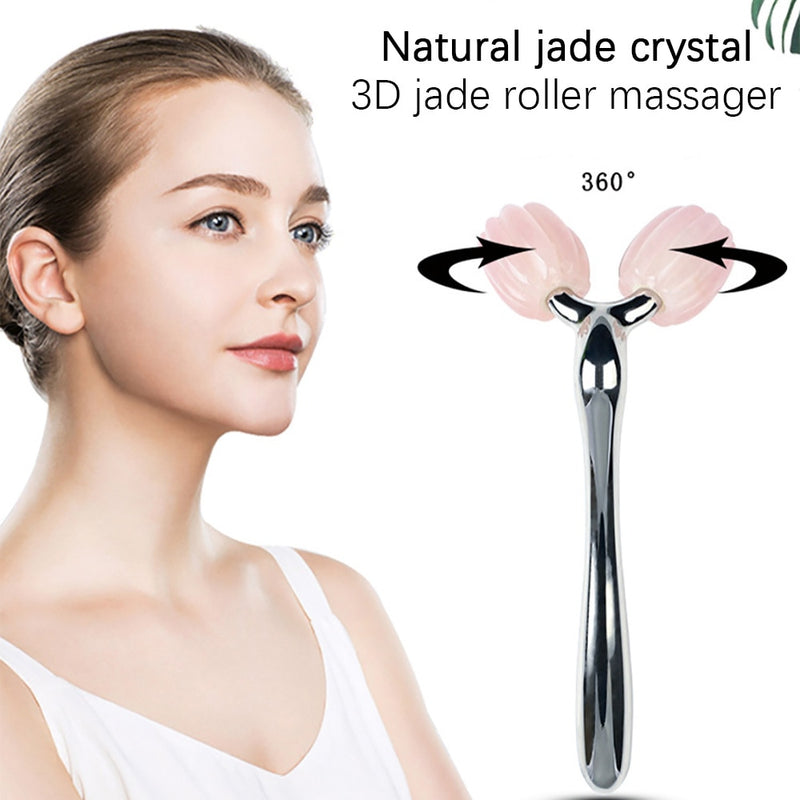 3D Jade Roller Massagegerät für Gesicht Rosenquarz Naturstein GuaSha Beauty Facial Roller Face Thin Lift Anti-Falten-Gesichtsmassagegerät