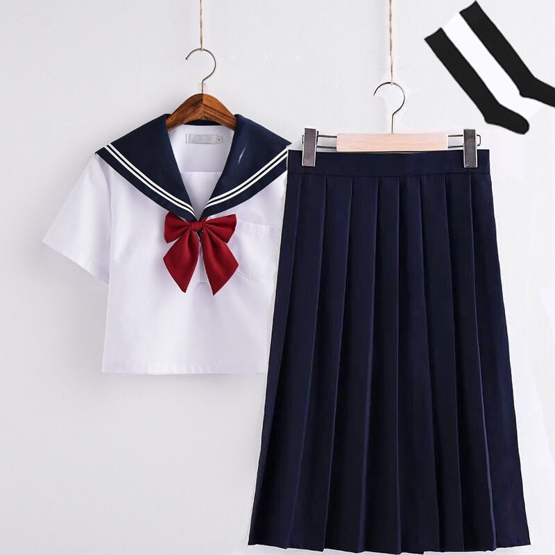 Cute Sailor suit Long sleeve JK School uniform sets for girls White shirt and dark blue pleated skirt suits Student Cosplay