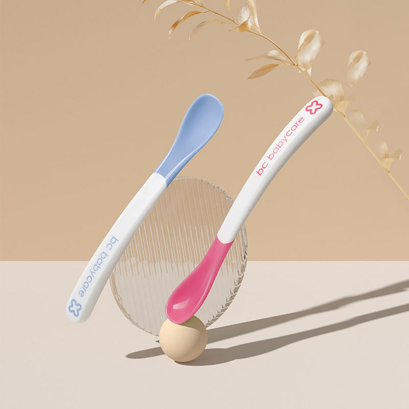 BC Babycare 2pcs Soft Baby Temperature Sensing Spoon BPA Free Food Infant Feeding Tools Flatware Sterilizable TPE Square Spoons