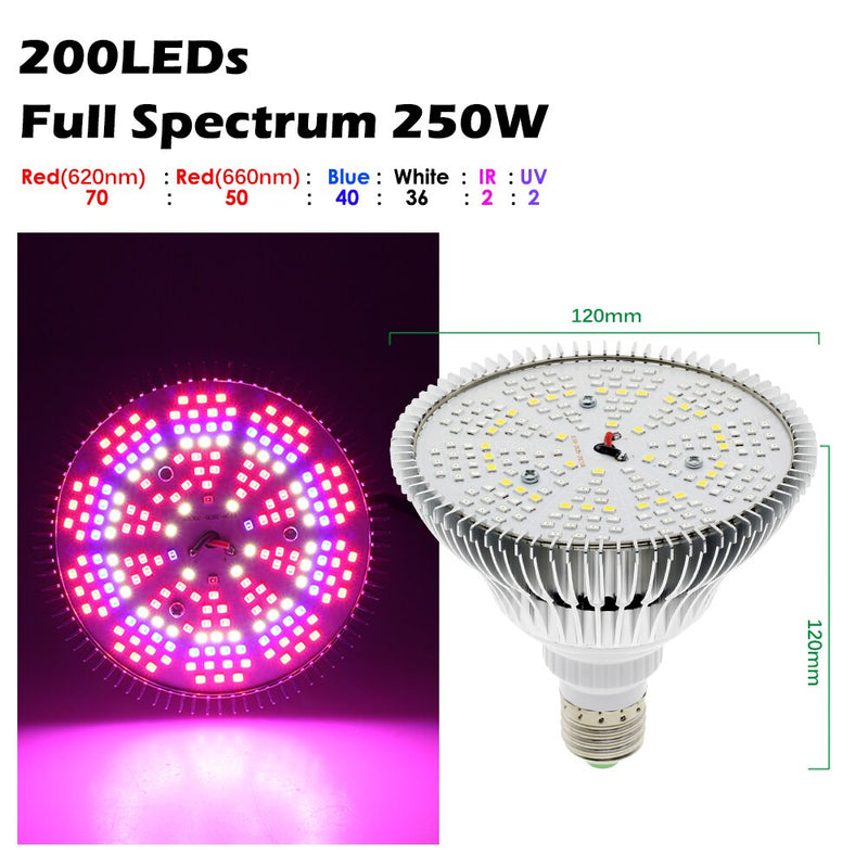 250W LED Grow Glühbirne E27 LED Pflanzenbirne 200 LEDs Sunlike Vollspektrum Grow Lights für Zimmerpflanzen Gemüse und Setzling