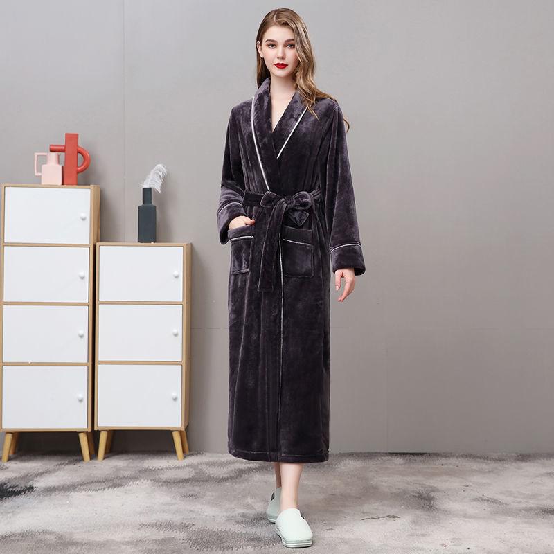 Men Plus Size 3XL Flannel Kimono Bath Gown Ultra Long Large Robe Coral Fleece Nightgown Lovers Couple Thick Warm Sleepwear MR001