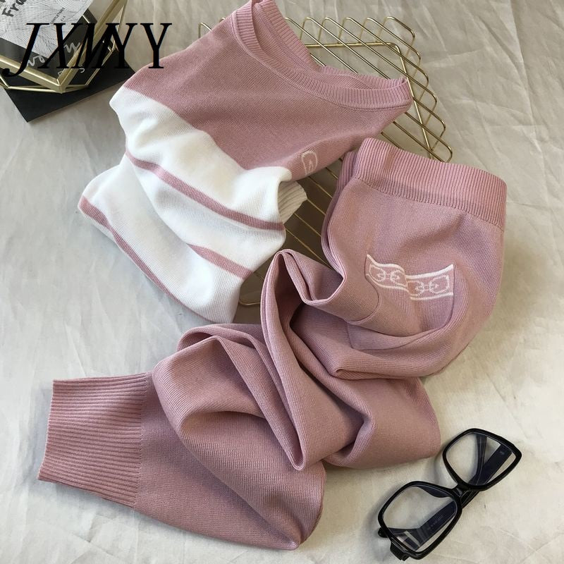 Conjunto coreano de 2 piezas de punto con contraste de mariposa para mujer, suéter de manga corta para mujer, nuevas camisetas y pantalones, traje rosa, chándal informal