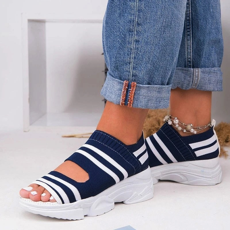 New Women Sandals 2022 High Heels Platform Women Shoes Summer Casual Female Sneakers Knitting Slip On Peep Toe Women Sandals