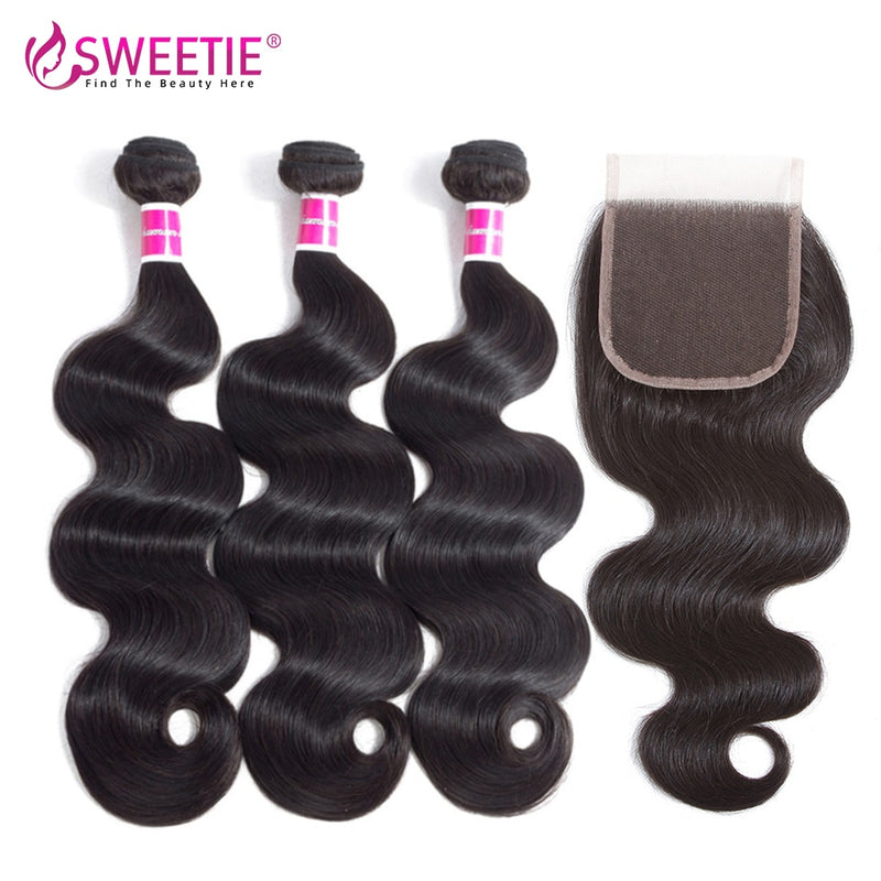 Sweetie-Haar-brasilianische Körper-Welle 4/3 Bündel mit Schließung Menschenhaar-Bündel 100% mit Spitze-Schließung 4pcs/lot Non-Remy Haareinschlagfaden