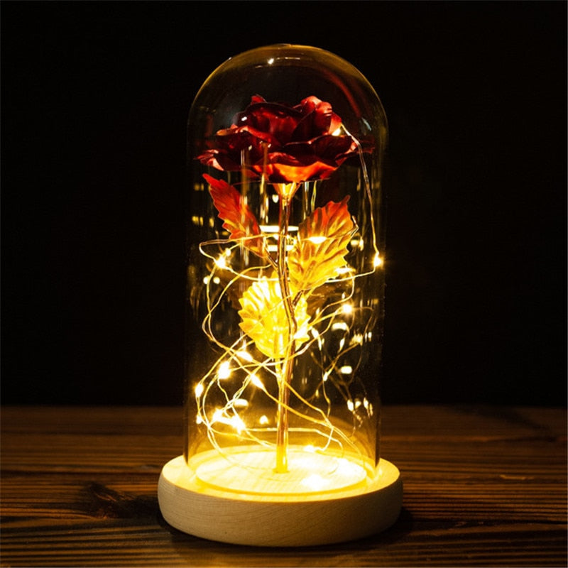 LED Enchanted Galaxy Rose Ewige 24 Karat Goldfolie Blume mit Lichterketten in Kuppel für Heimdekoration Weihnachten Valentinstagsgeschenk