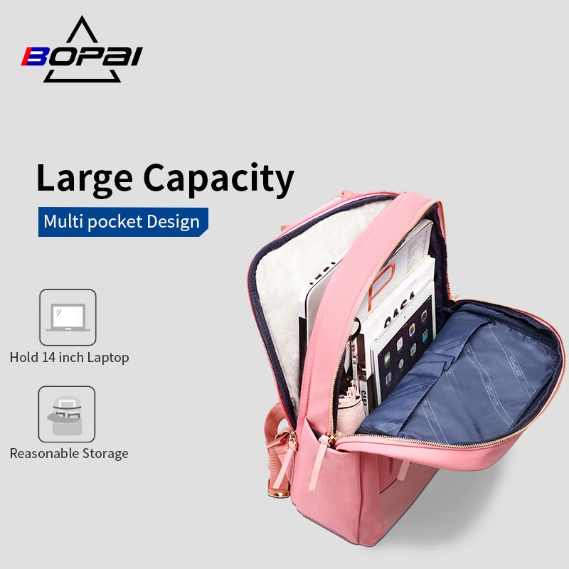 BOPAI, nueva mochila para ordenador portátil para mujer, 14 pulgadas, impermeable, rosa, moda femenina, mochilas de viaje, mochilas escolares, mochilas para chicas adolescentes