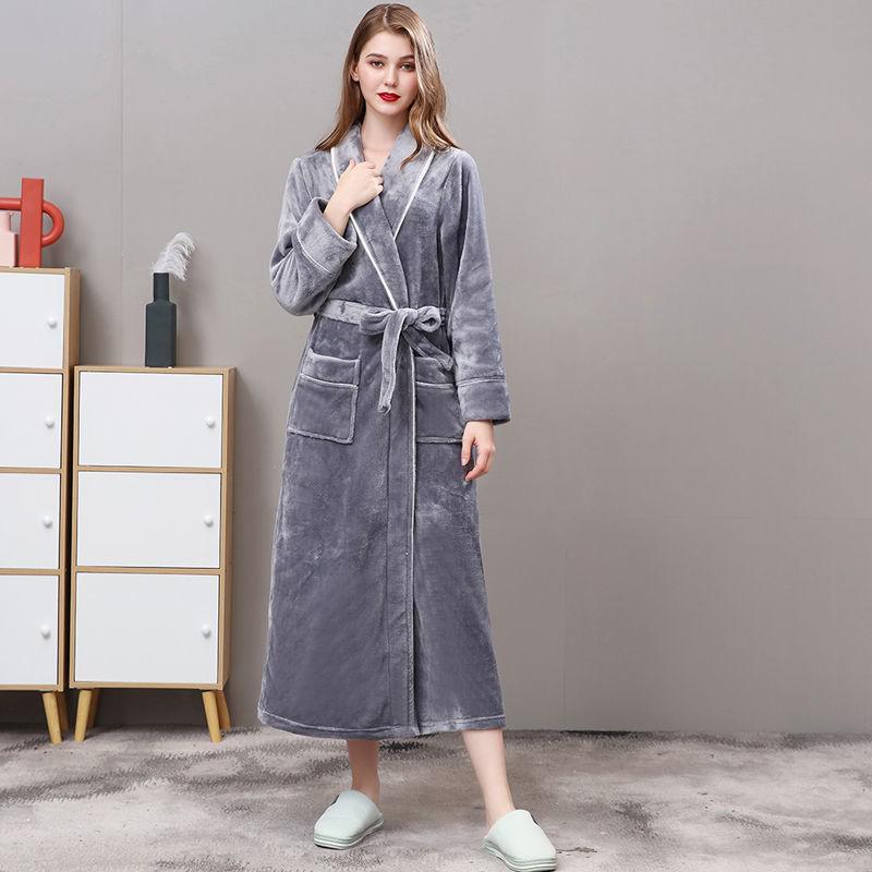 Men Plus Size 3XL Flannel Kimono Bath Gown Ultra Long Large Robe Coral Fleece Nightgown Lovers Couple Thick Warm Sleepwear MR001