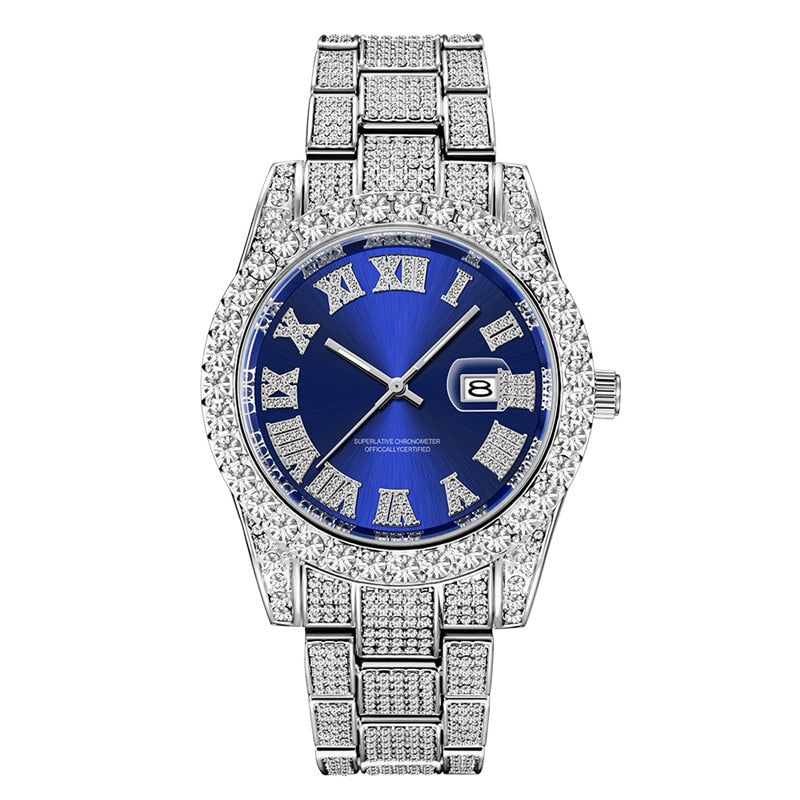 Hip Hop Full Iced Out Mens Relojes Fecha de lujo Relojes de pulsera de cuarzo con Micropaved Cubic Zircon Reloj para mujeres Hombres Joyería