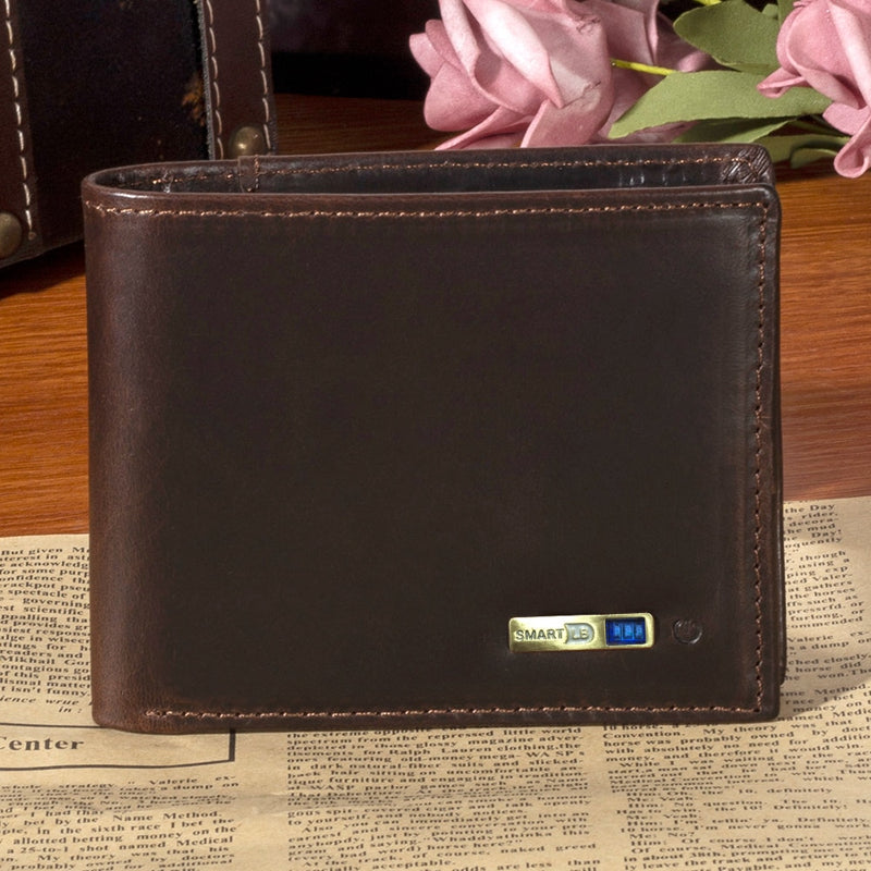 Billetera inteligente antipérdida, compatible con tarjetero corto de cuero, monedero masculino, billeteras de cuero genuino para hombre, grabado gratis