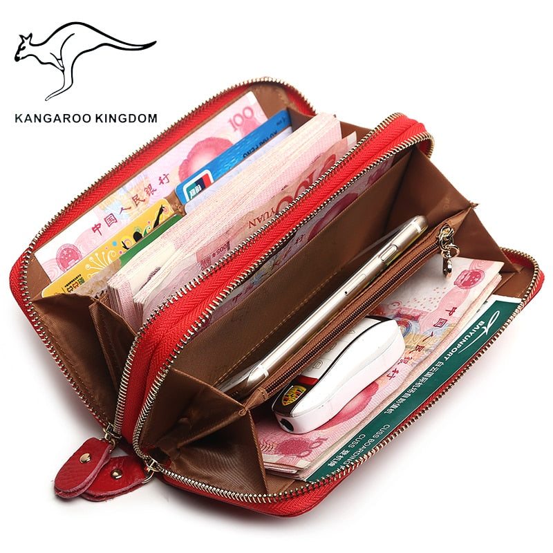 Carteras de moda para mujer de la marca KANGAROO KINGDOM de cuero genuino con cremallera larga, cartera de mano para mujer