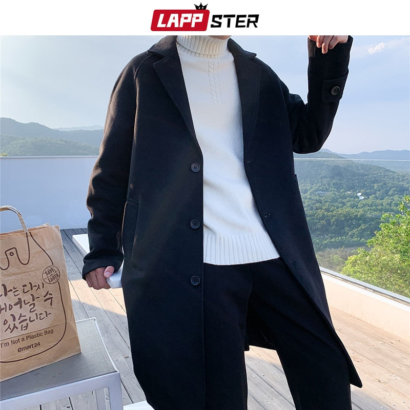 LAPPSTER Men Korean Fashion Winter Jacket Coats 2021 Wool Coat Mens Oversized Harajuku Overcoat Male Japanese Streetwear Jackets