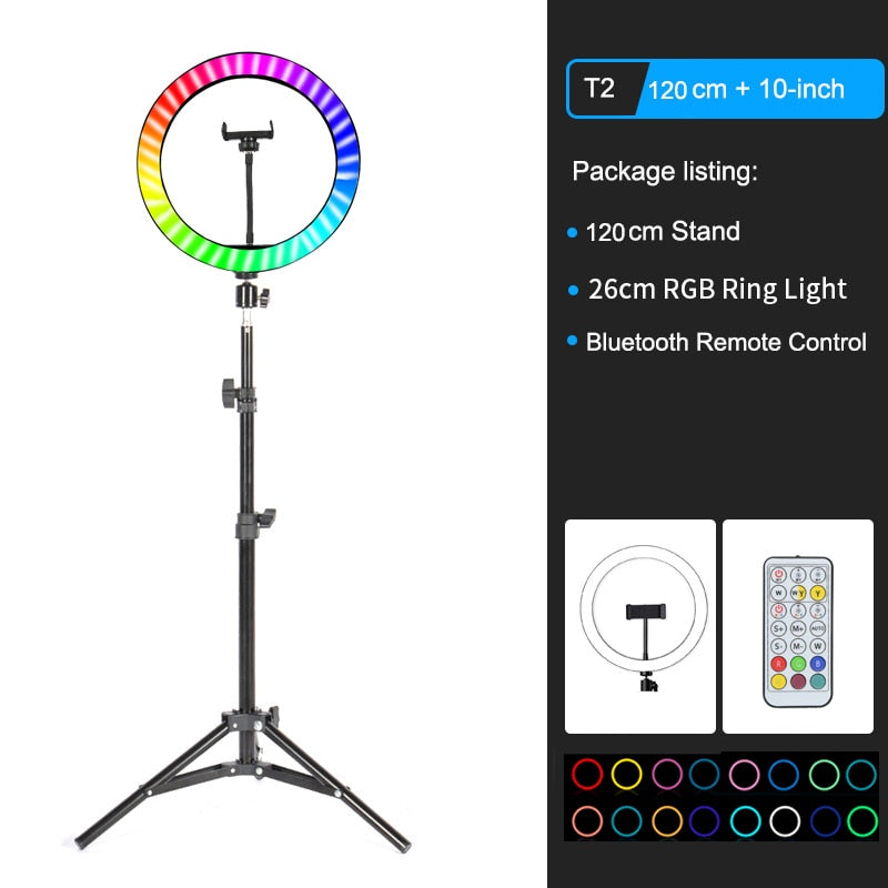 26cm Colorful RGB Ring Light with Stand Phone Tripod Lighting Ring Light with Remote Phone Camera Holder for Tiktok Photo Video