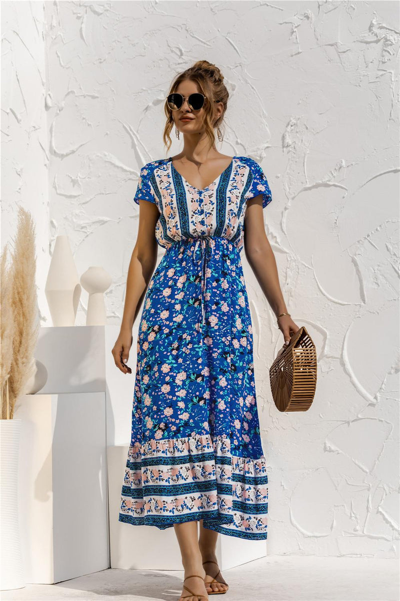 Viscose Women Summer Boho Dress Bohemian Maxi 2021 Casual V-neck Short Sleeve Button Floral Print Long Beach Dress Vestidos