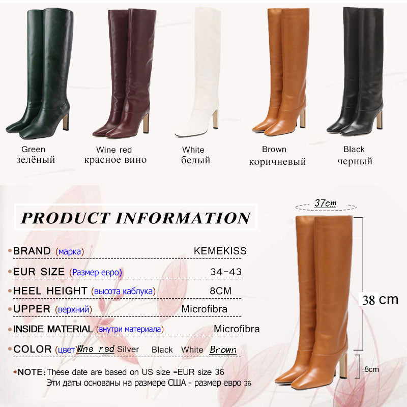 Botas KemeKiss de talla grande 34-43 hasta la rodilla para mujer, nuevo diseño de piel, zapatos cálidos de invierno, Botas de tacón alto a la moda para mujer, calzado para mujer