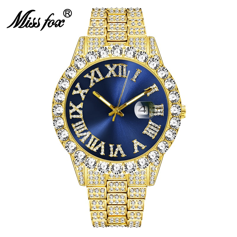 Reloj MISSFOX para hombre 2020, los más vendidos, marca de lujo, esfera azul, oro, relojes de moda para hombre, pulsera grande de diamantes, reloj de lujo para hombre