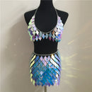 Glisten Rhombic Sequins Conjunto de dos piezas Hollow Out Metal Chain Crop Tops Mini falda sexy Summer Rave Festival Lady Outfits
