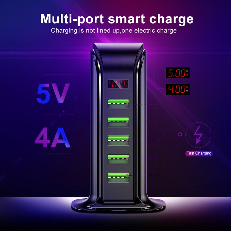 Elough 5 Port USB Charger HUB LED Display Multi USB Charging Station Dock Universal Mobile Phone Desktop Wall Home EU US UK Plug