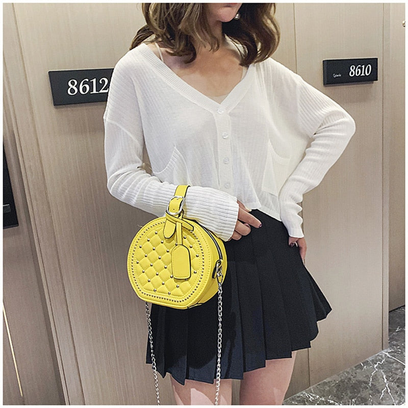 Fashion Chain Rivet Circular Women Shoulder Bag PU Leather Women&