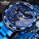Winner Transparent Diamond Mechanical Watch Blue Stainless Steel Skeleton Watch Top Brand Luxury Business Luminous Male Clock