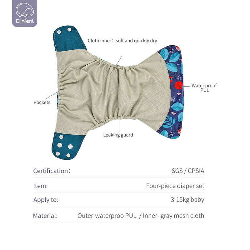 Pañal de malla gris Elinfant, 4 Uds., pañal ecológico, pañal de tela lavable, pañal ajustable para bebé, pañales de bolsillo reutilizables
