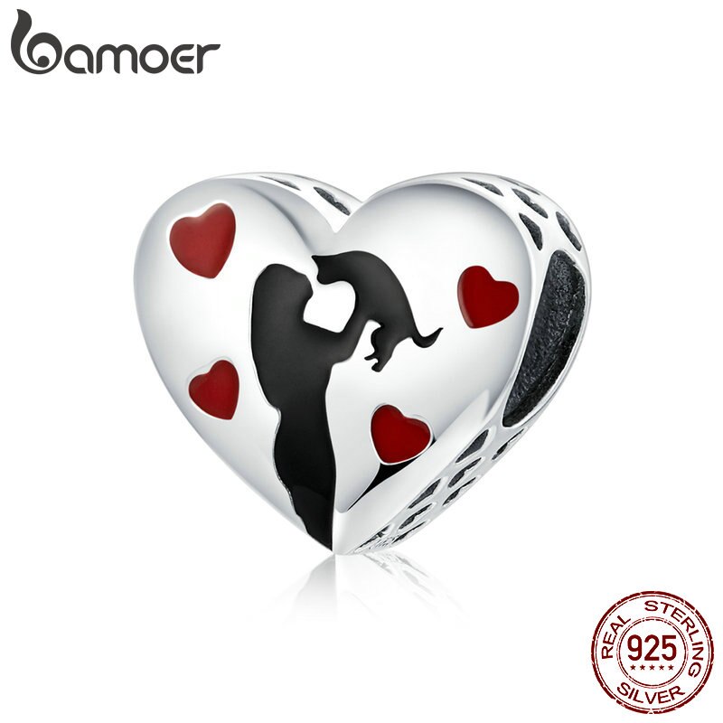 bamoer 925 Sterling Silver Heart Shape Charm for Original Snake 3mm Bracelet Black Enamel and Heart Metal Beads SCC1508
