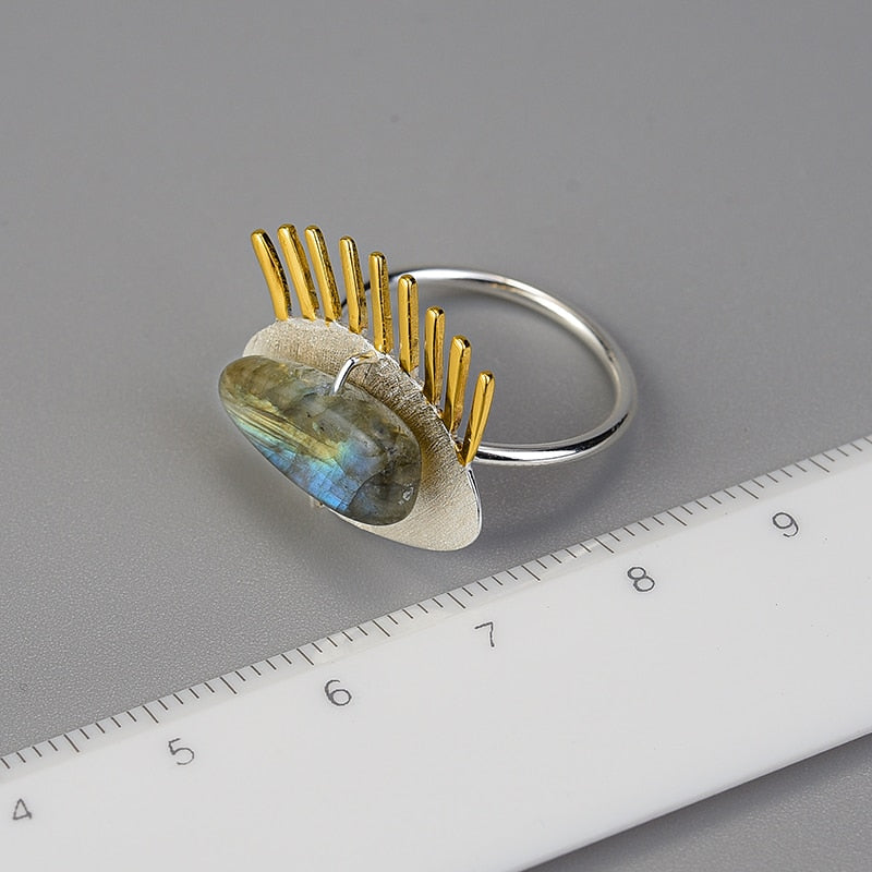 Lotus Fun Real 925 Sterling Silver Natural Labradorite Fine  Jewelry Adjustable Ring Interesting Golden Eyelashes Ring for Women