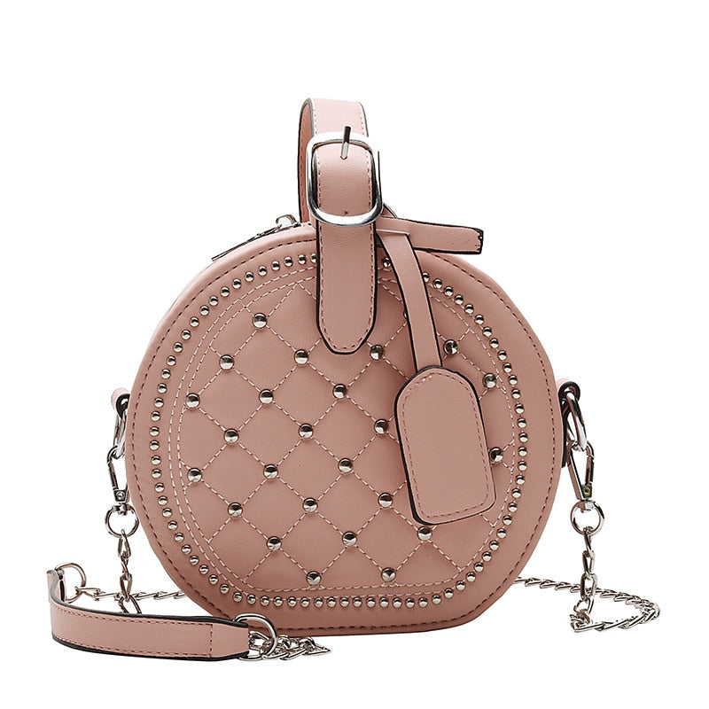 Bolso de hombro Circular con remaches de cadena a la moda para mujer, bandolera cruzada de piel sintética para mujer, bolso de mano redondo para mujer